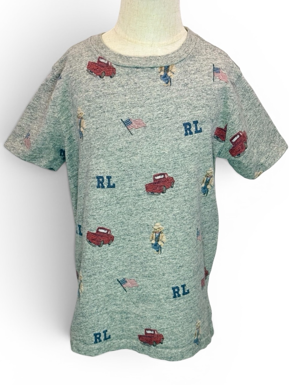 Polo Ralph Lauren Boy’s Grey All-Over Print Bear Truck Short Sleeve Shirt Size 7